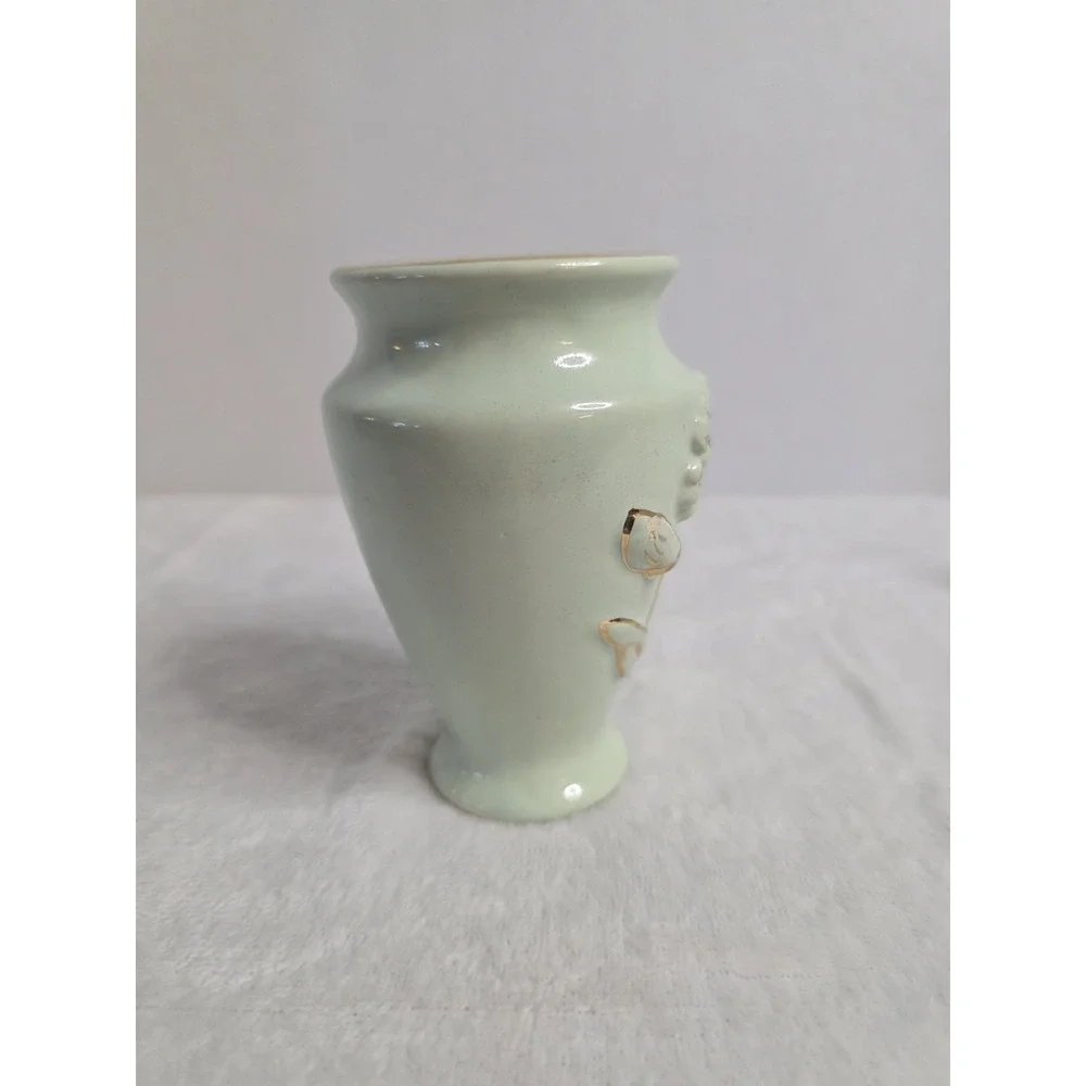 Vintage‎ Vase circa 1940's Green Pottery with Gold Embossed Flowers 4.5 Inch
